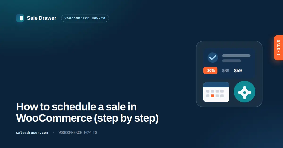 Illustration of a WooCommerce product card with a discounted price next to a calendar with marked start and end dates